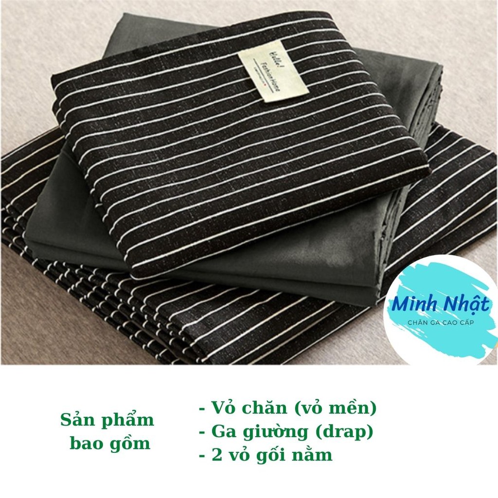 Bộ chăn ga gối Cotton Tici kẻ Minh Nhật - vỏ chăn mền, drap giường và 2 vỏ gối