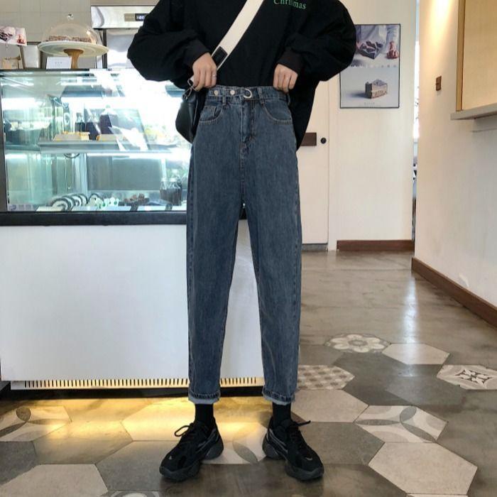 Quần Jeans Dài Lưng Cao Dáng Rộng Thời Trang Mùa Đông Hàn Quốc Cho Nữ