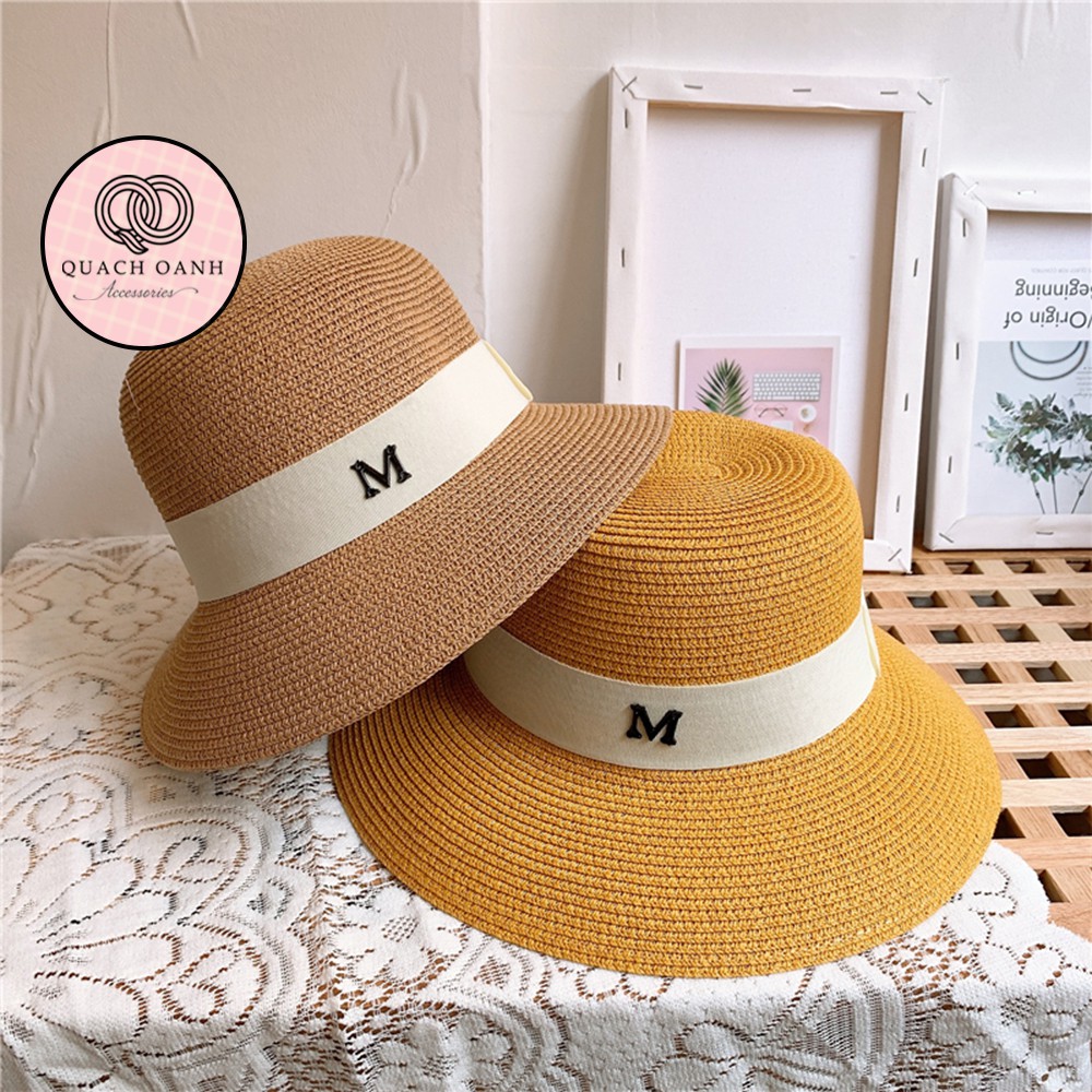 Mũ cói mềm, nón cói đi biển nữ vành rộng lượn đai chữ M phong cách vintage chống nắng – MU37