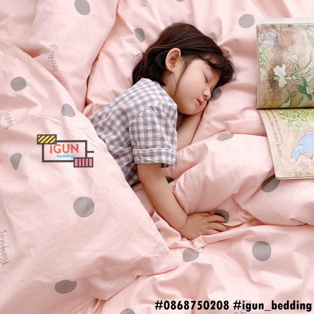 set CHẤM BI THƯA HỒNG NHẠT bộ Chăn Ga Gối 4 món COTTON ORGANIC 100% nhập khẩu HÀN QUỐC