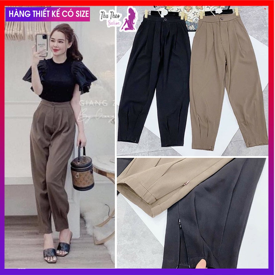 Quần baggy công sở, quần tây lưng cao dáng thụng khóa gấu tiện lợi.