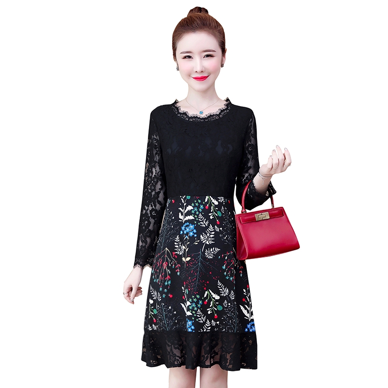 Ready Stock 5XL Korean Fashion Black Lace Long Sleeve Women Plus Size Midi Dress Casual Midi Dresses