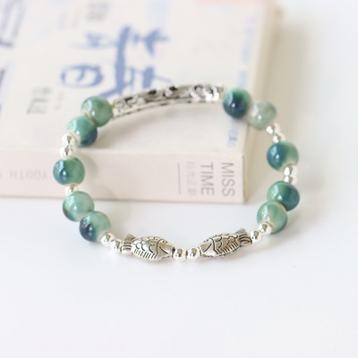 lắc tay vòng cho nam nữ phong cách vintage chất liệu gốm xứ, charm 2 con cá mang ý nghĩa may mắn cuộc sống đủ đầy V001