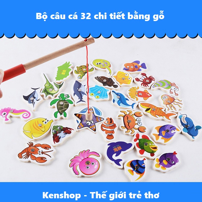 Đồ chơi câu cá cho bé 32 chi tiết bằng gỗ KB216009, Bộ câu cá cho bé hình sinh vật biển sinh động kèm cần câu