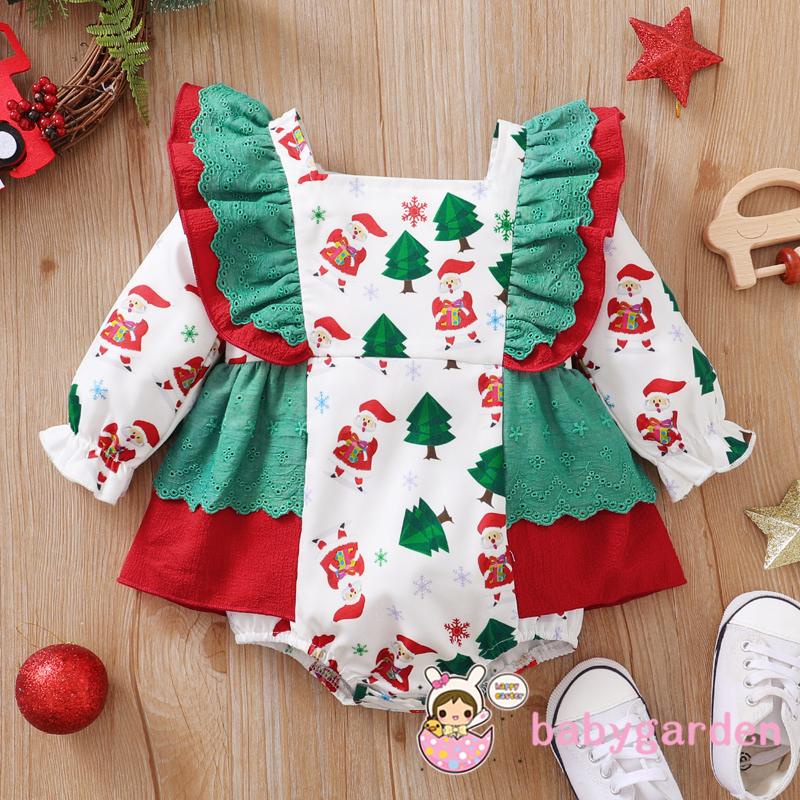 Bộ áo liền quần tay dài in họa tiết cây thông Noel kèm nút cài cho bé gái 0-18 tháng tuổi