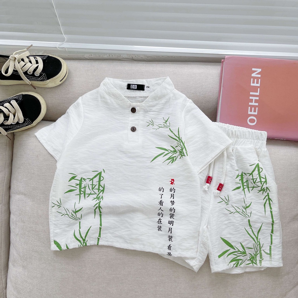Bộ đồ bé trai cộc tay vải đũi in hình cây tre quần đùi cho trẻ mặc đi chơi SUMO KIDS Quần áo trẻ em