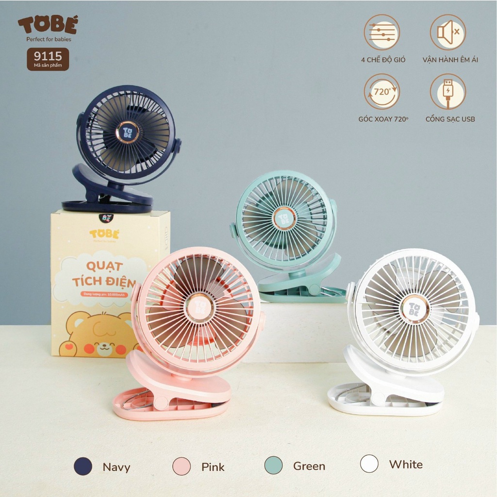 Quạt tích điện mini có đế kẹp Tobe Hàn Quốc dung lượng pin 10000mAh
