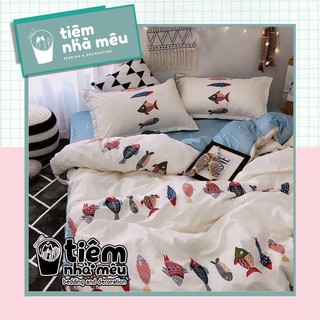 Set 4 Món Chăn Ga Gối Cotton Hoạ Tiết Cá Trắng Nhập Khẩu Sale Kịch Sàn