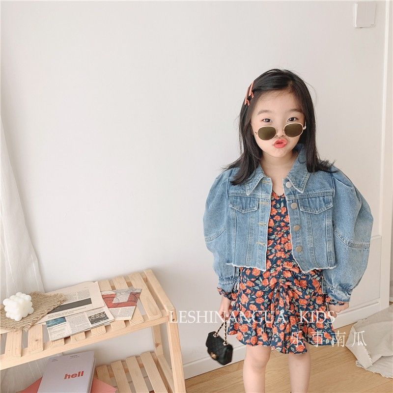 Set 2 Món Áo Khoác Denim Tay Dài + Đầm Dài Thời Trang Cho Bé Gái