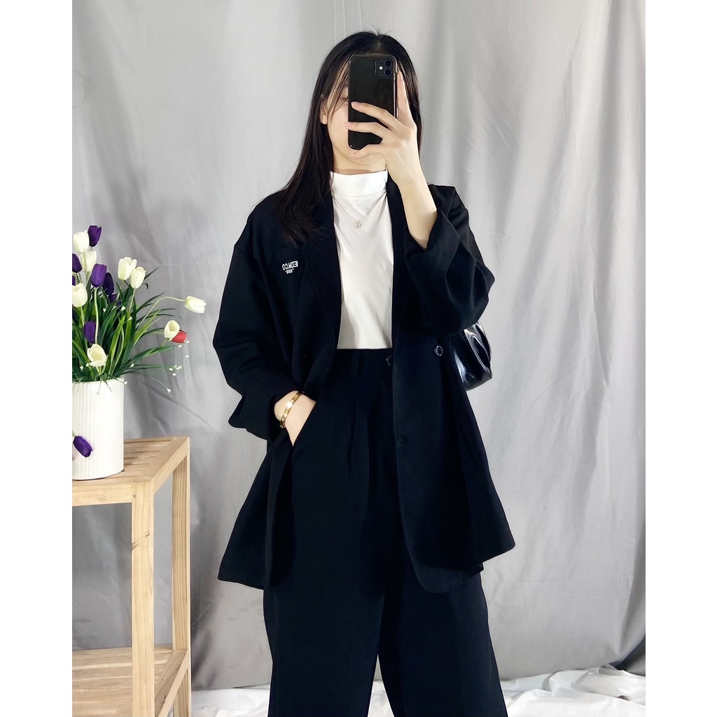 Áo Blazer Vest Nữ Khoác Ngoài Dài Tay Màu Đen,Túi Ngực Giả, Chữ Thêu EDM.CO 160819 Chất Dày Dặn Kiểu Dáng Trẻ Trung Blaz
