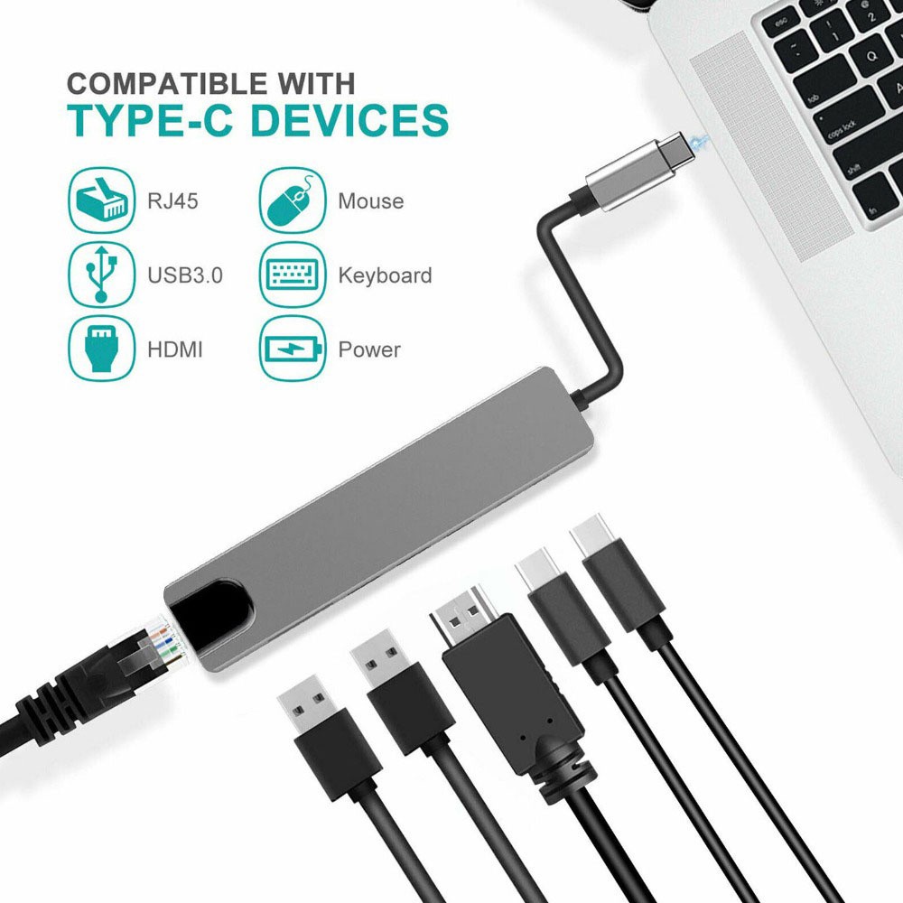 GLENES RJ45 Hub Adapter 6 in 1 Multiport Adapter USB Hubs USB C with 4K Ethernet Lan Charge USB 3.0 for MacBook Type C to HDMI Computer Peripherals/Multicolor