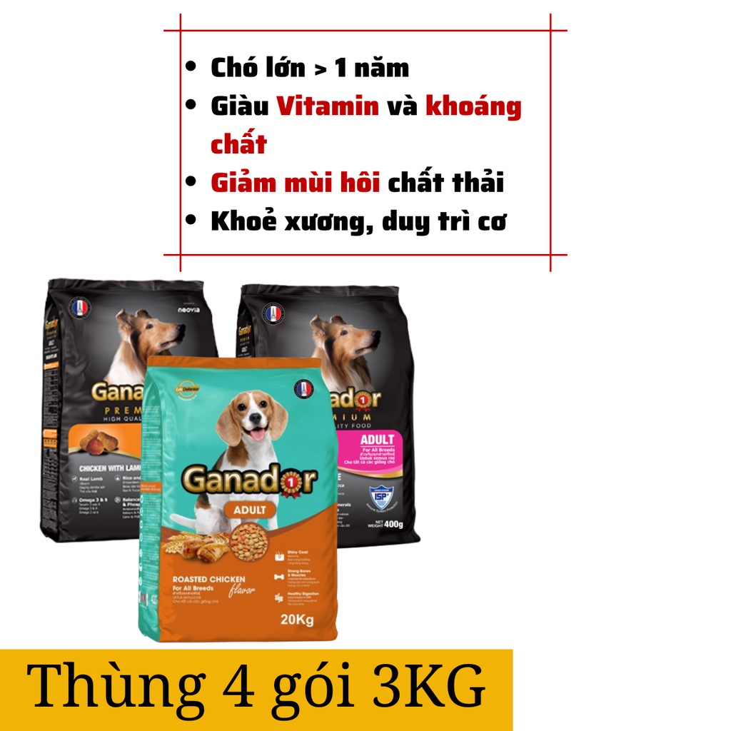 [Chính hãng][Date xa][Hỏa tốc]Hạt Chó Ganador Adult Thùng 4 Gói 3Kg Vị Gà,Cừu,Cá Hồi Cho Chó Trưởng Thành