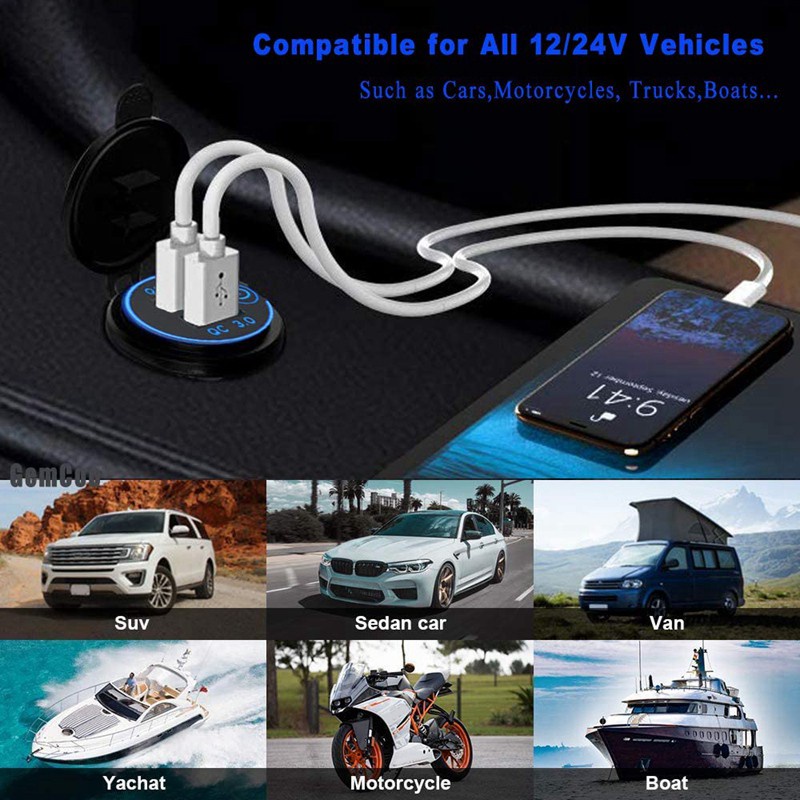 Tẩu Sạc Nhanh USB 3.0 12V 36W Có Công Tắc Màu Xanh Dương Cho Xe Hơi / Xe Máy / Tàu Thuyền