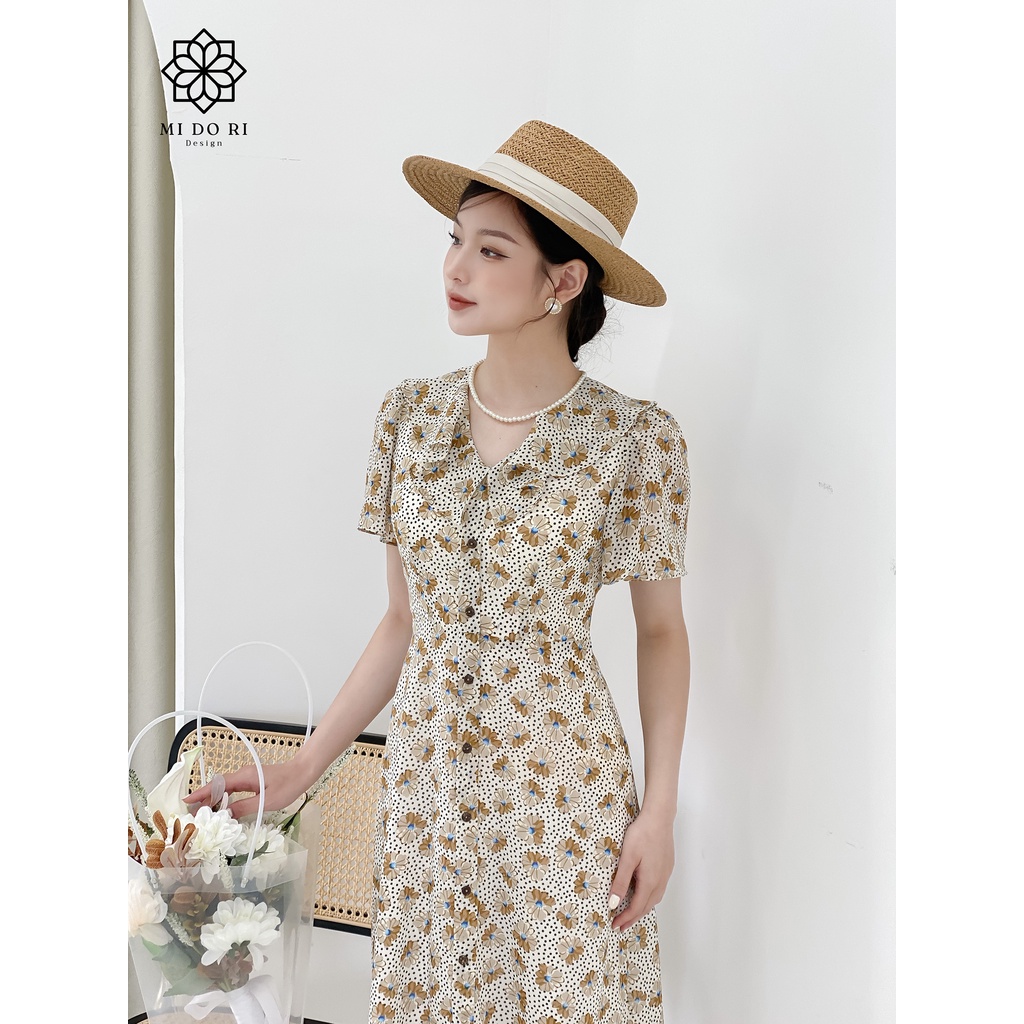 Đầm midi, cổ bèo, cúc trước, tay bồng duyên dáng, nền trắng hoa nâu, chiffon Hàn, nhẹ nhàng và mát, 2 lớp - Jona Dress