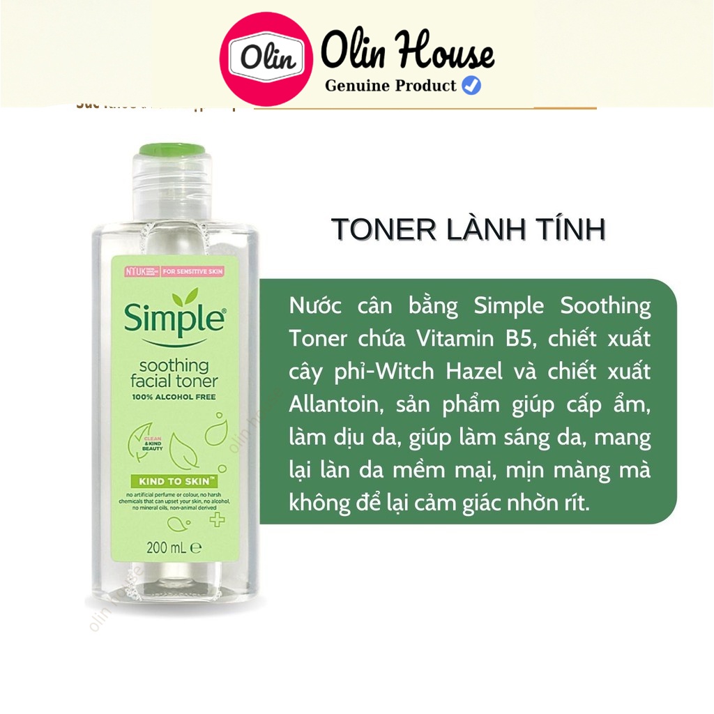 Nước hoa hồng Simple Moothing Facial Toner Simple cân bằng độ ẩm cho da 200ml - Olin House