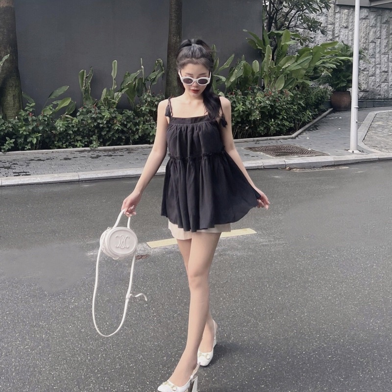 Áo Hai Dây Nữ Dáng Baby Doll Dây Buộc Tự Điều Chỉnh Tiện Lợi Chất Gân Tơ Mềm Mịn Phong Cách Hàn Quốc - Melon Top