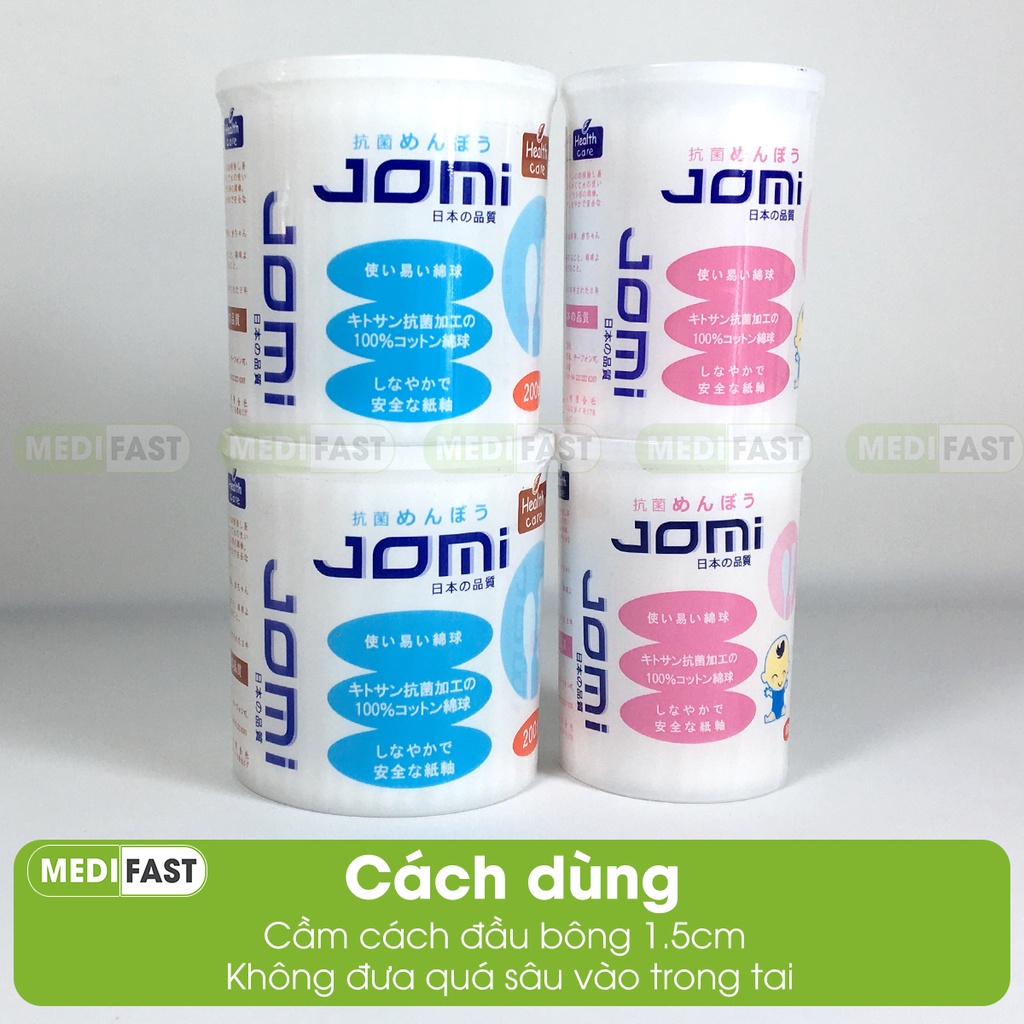 Tăm bông kháng khuẩn Jomi cho trẻ em và người lớn, bông tai an toàn đầu xoắn và tròn lấy dáy tai từ Nhật Bản