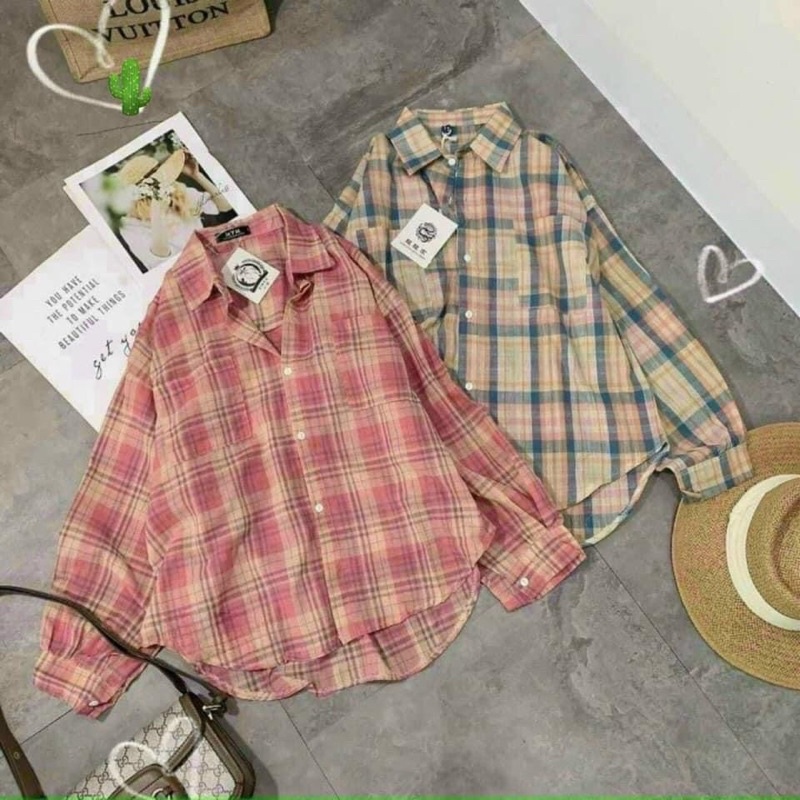Áo sơmi đũi kẻ hồng tay phồng from rộng thoải mát dễ phối đồ alohashop91