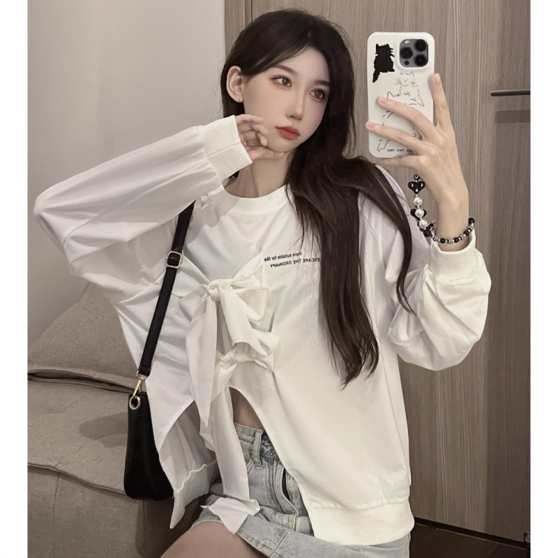 Áo thun ZHELIHANGFEI dài tay thắt nơ xẻ tà xinh xắn cho nữ