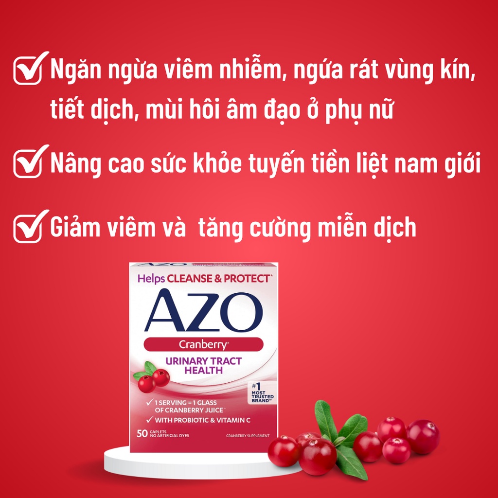 Viên uống Azo đỏ Cranberry làm sạch vùng kín, hỗ trợ tiết niệu khỏe mạnh - Hàng Mỹ (Có bán lẻ)