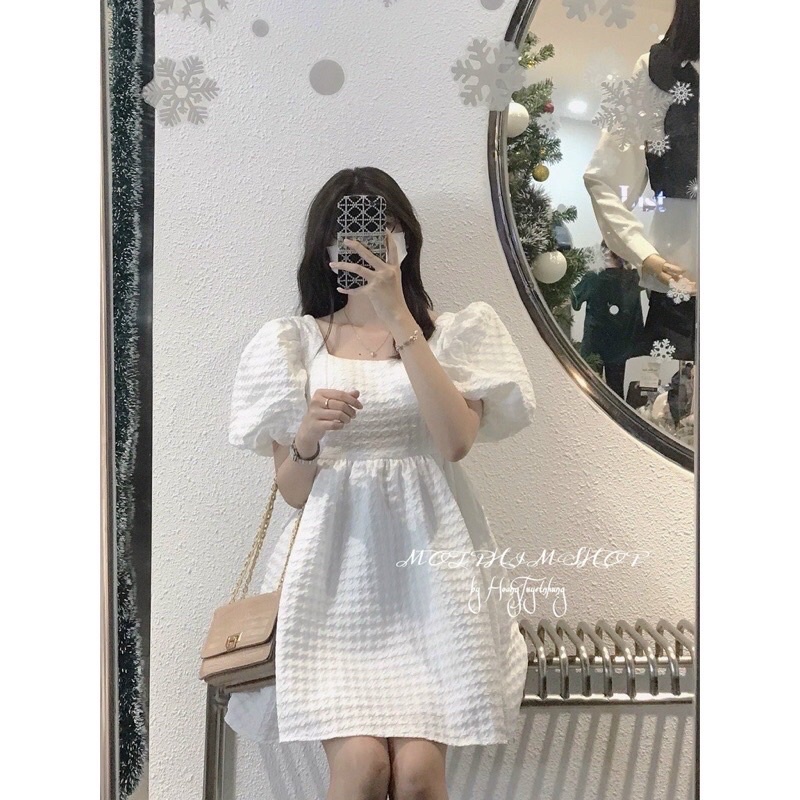 233 Đầm babydoll gấm xốp cổ vuông thắt nơ