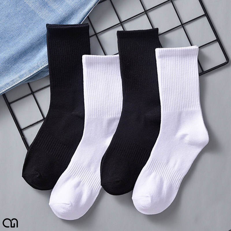 Tất Cổ Cao Trơn Nam Nữ Dệt Kim, Vớ Cổ Cao Cổ Trung Cổ Ngan Vải Cotton