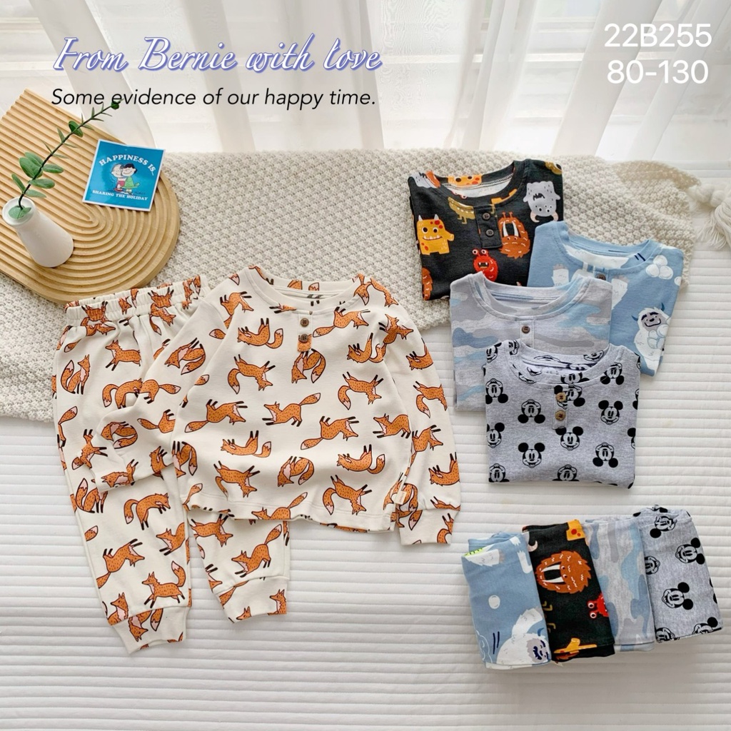 Bộ cotton thu đông dài tay hoạ tiết bé trai, bộ thu đông bozip hàng đẹp Bernie