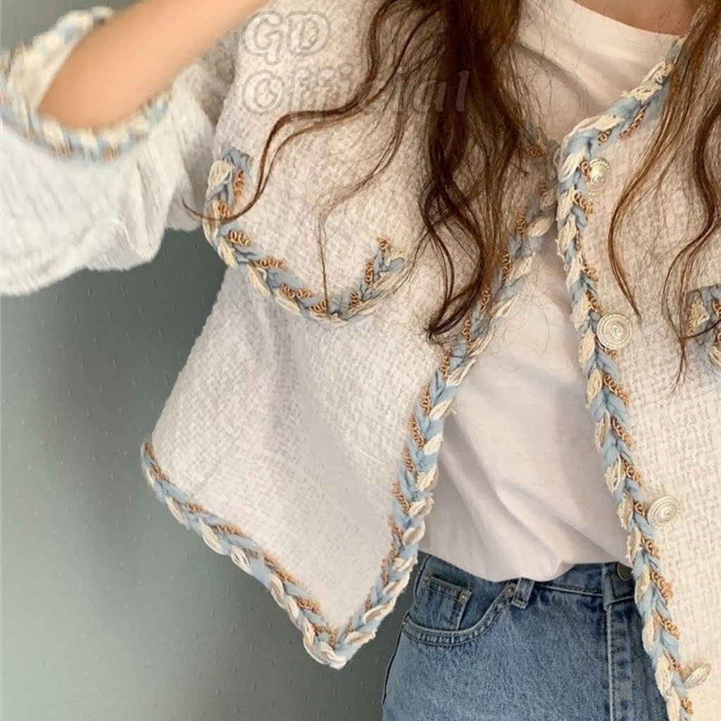 K5|Áo khoác dạ ấm cổ tròn croptop dáng rộng thẳng có túi nữ tay dài chất tweed sang trọng màu trắng GD Official