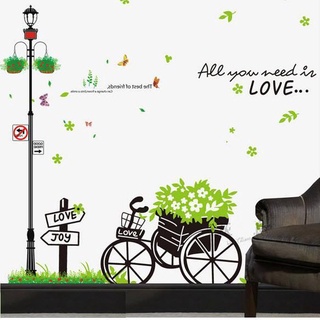 Decal dán tường cột đèn và xe đạp xanh