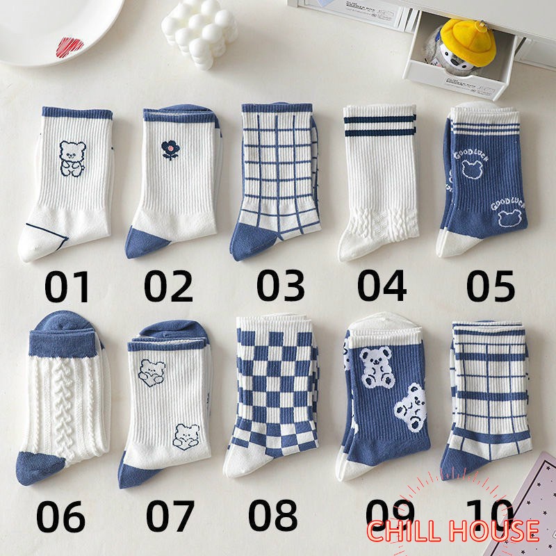Tất nam nữ - tất cổ cao cotton tông màu trắng xanh cá tính thấm hút mồ hôi T781 CHILL HOUSE