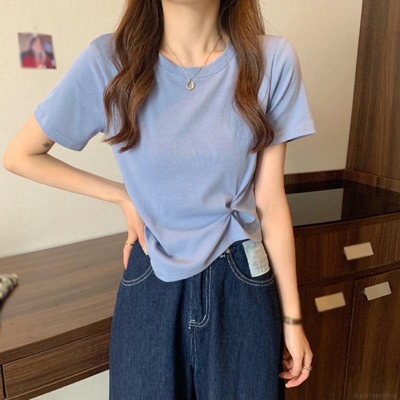 Áo thun tay ngắn cổ tròn màu trơn thiết kế lệch tà phong cách trẻ trung cho nữ