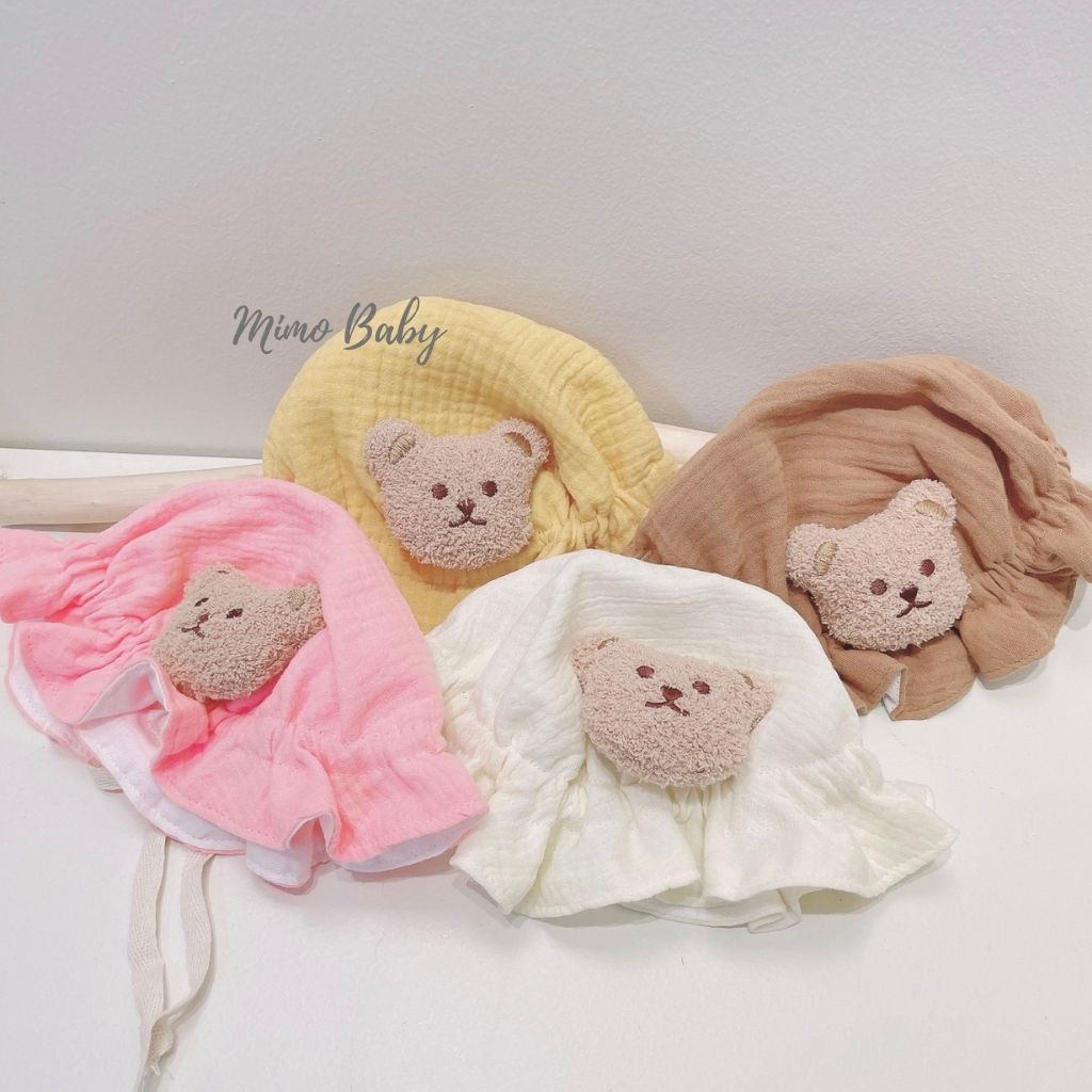 Mũ tai bèo vải xô muslin đính cây nấm, gấu xù siêu đáng yêu cho bé MH139 Mimo Baby