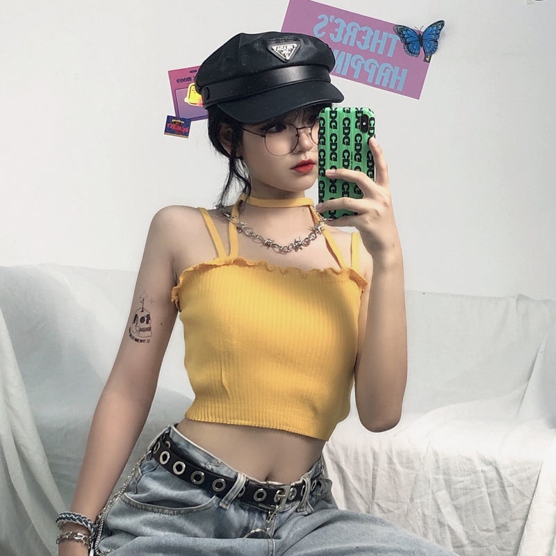 Áo croprop len tăm viền áo bèo nhún hai dây chéo tạo hình vòng cổ cá tính form áo ôm sát body gợi cảm NORICHIP.