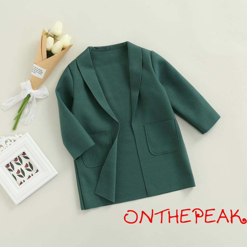 Áo khoác cardigan tay dài màu trơn có túi trước màu xanh lá/đen/nâu xinh xắn cho bé gái