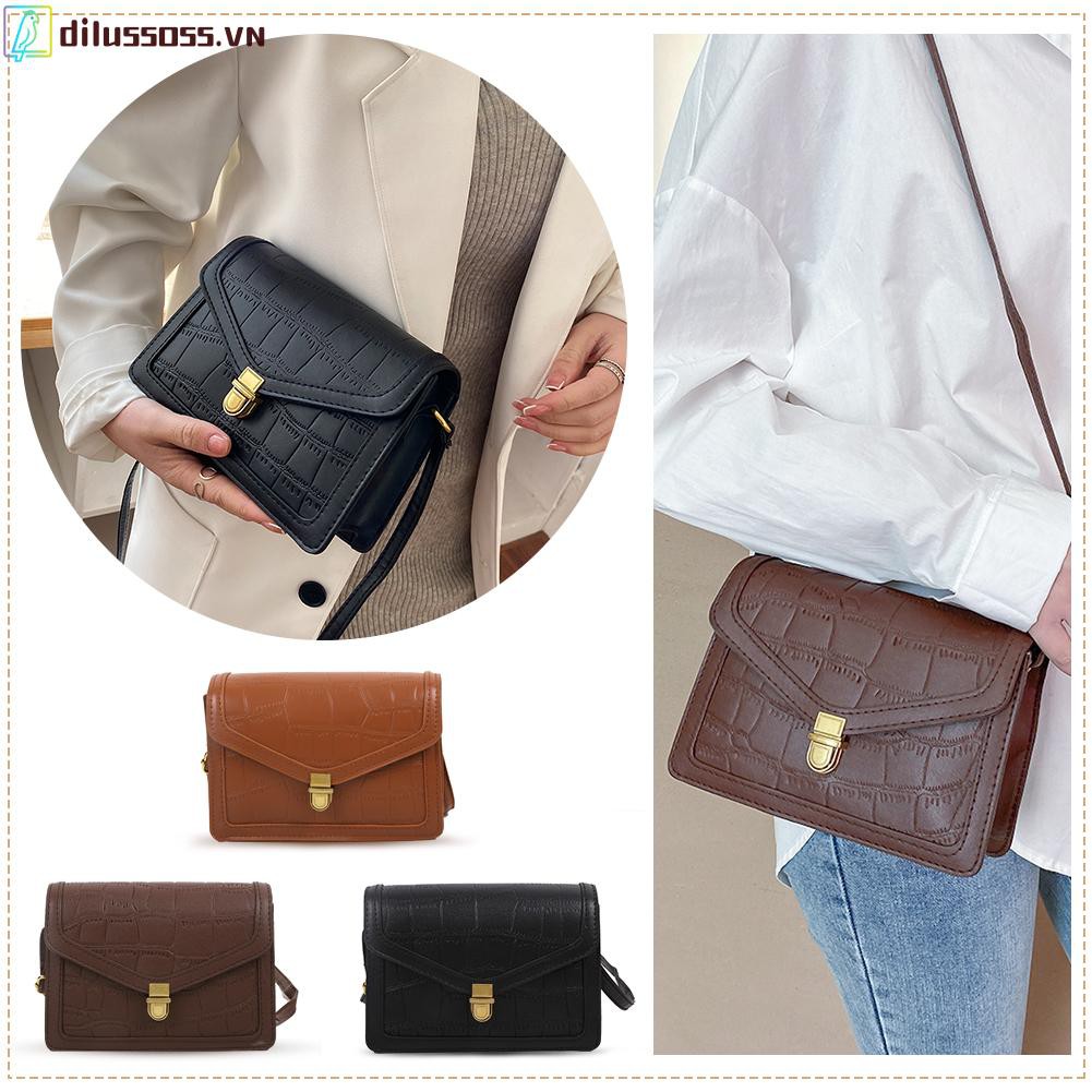 [DILUSSOSS] Túi đeo vai  Solid Color Retro Shoulder Bag Lock Stone Pattern Women PU Messenger Bags