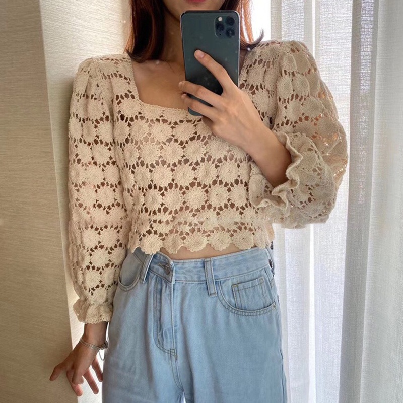 Brroa Áo Kiểu Dệt Kim Tay Phồng 3 / 4 Cổ Vuông Phối Ren Xuyên Thấu Thời Trang Cho Nữ Cr