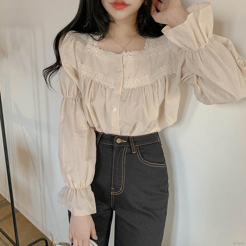 Áo Kiểu Tay Dài Cổ Vuông Phối Ren Phong Cách Retro Hàn Quốc Dành Cho Nữ | BigBuy360 - bigbuy360.vn