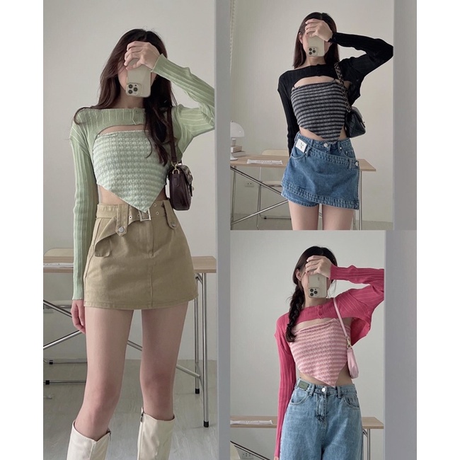 [Ảnh thật/Video]SET ÁO Mongtogi MIX CROPTOP QH siêu đẹp Set áo hai dây kèm cadigan Hàn Quốc