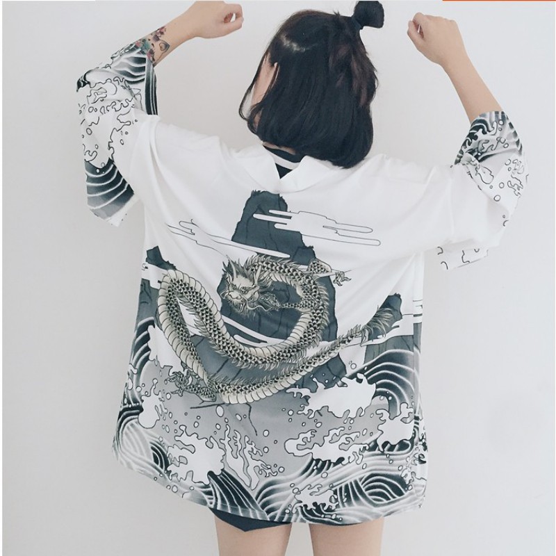 Áo khoác ngoài kiểu Kimono tay lỡ in hình rồng cá tính