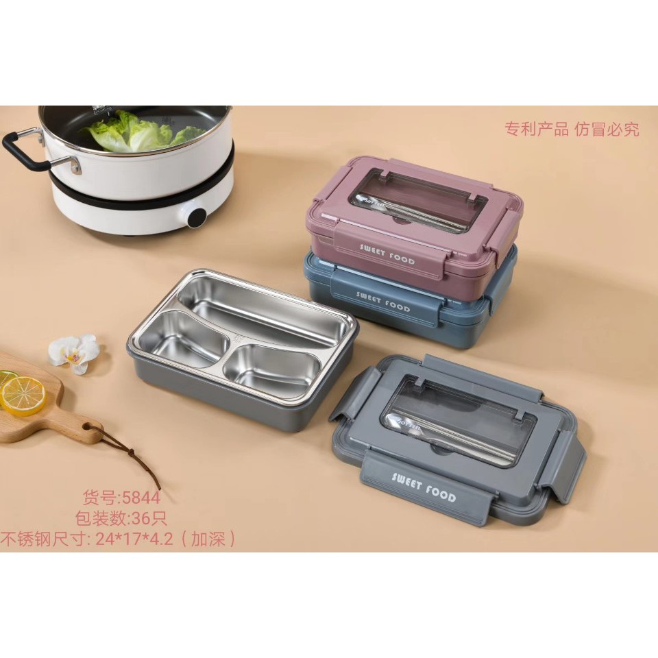 [NEW] Hộp Cơm 3 Ngăn Cách Nhiệt bằng Inox 304, kèm Đũa và Thìa