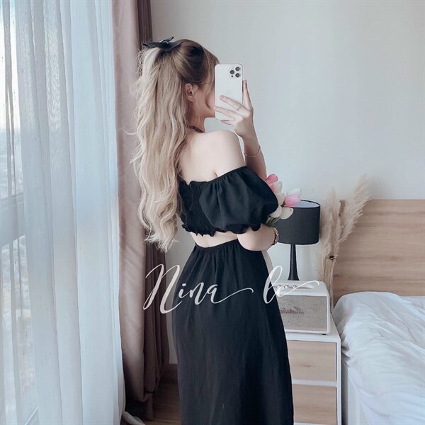 Đầm dự tiệc, đầm tiểu thư dáng dài tôn dáng đẹp với thiết kế trễ vai tay phồng có lót mút, phối dây chéo cổ cá tính