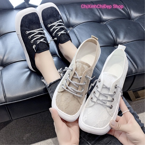 Giày lười nữ mũi vuông [thiết kế ren thời trang]