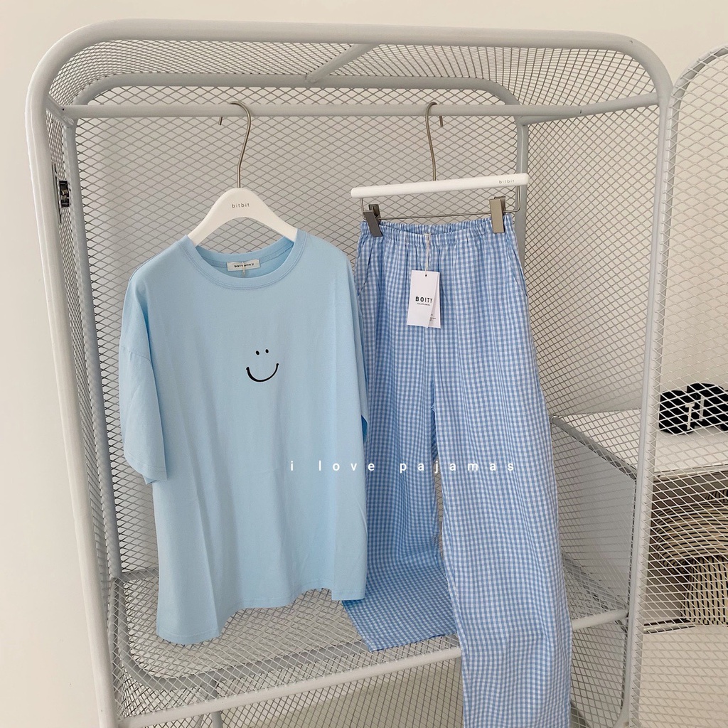 [CÓ SẴN] Set đồ bộ áo phông + quần dài caro , bộ ngủ Hàn Quốc ullzang dễ thương