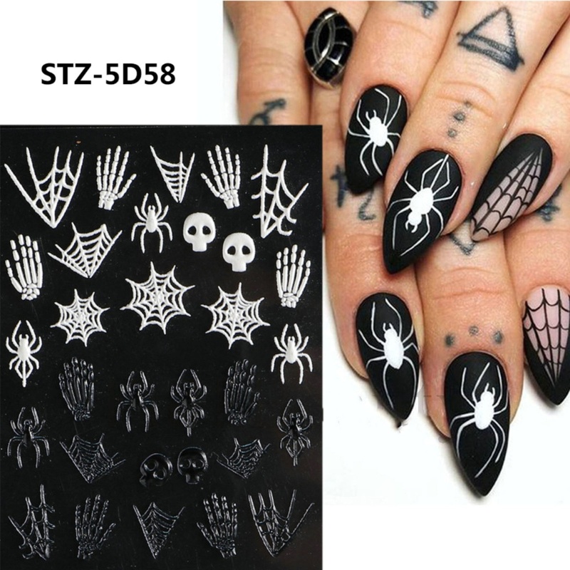 Set 3 Tấm Nhãn Dán Trang Trí Móng Tay Nghệ Thuật Họa Tiết Xương Nhện 5D Phong Cách Halloween