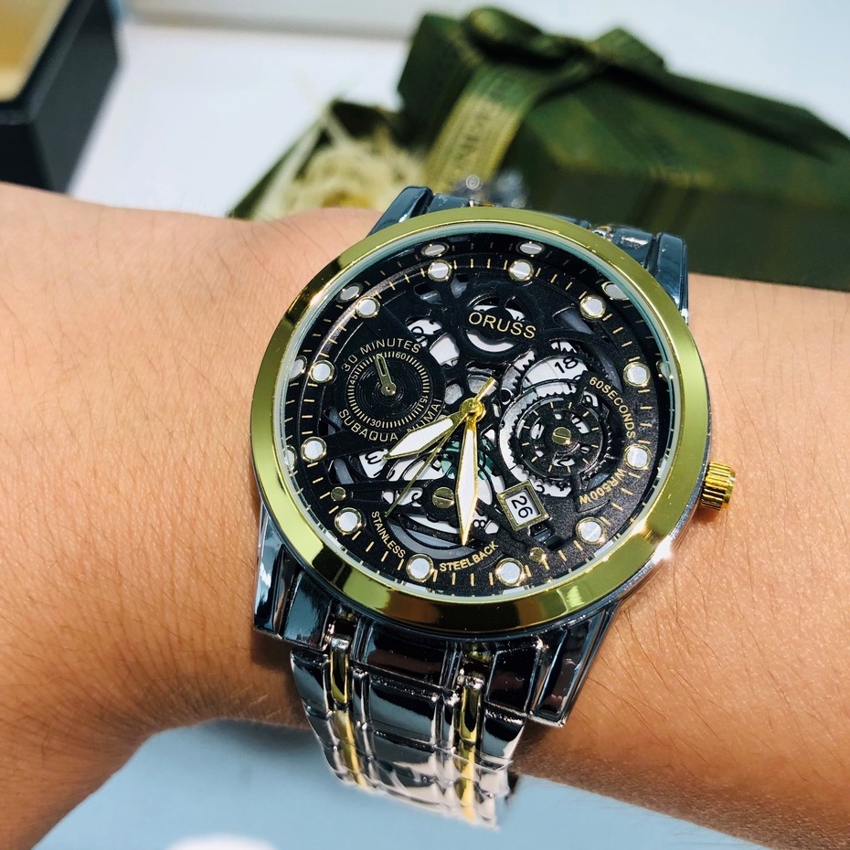 Đồng hồ nam automatic dây kim loại cao cấp màu vàng thời trang lịch chống nước