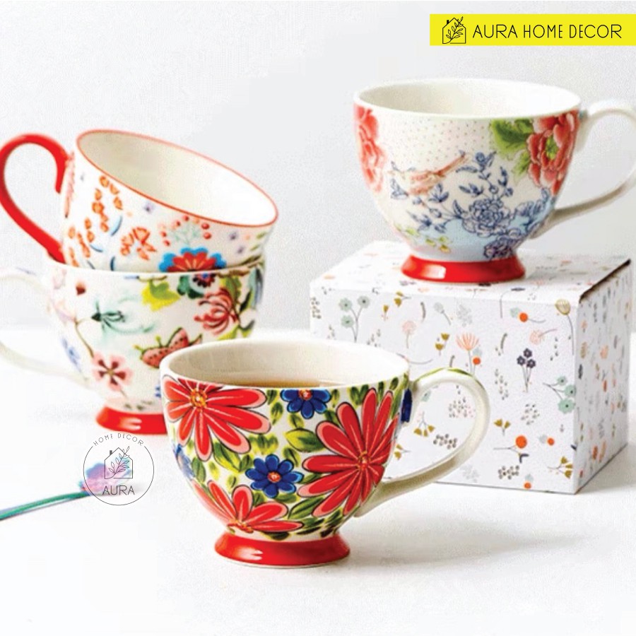Cốc cafe sứ 400ml Châu Âu, gốm sứ họa tiết vẽ tay, tráng men thủ công, màu sắc rực rỡ