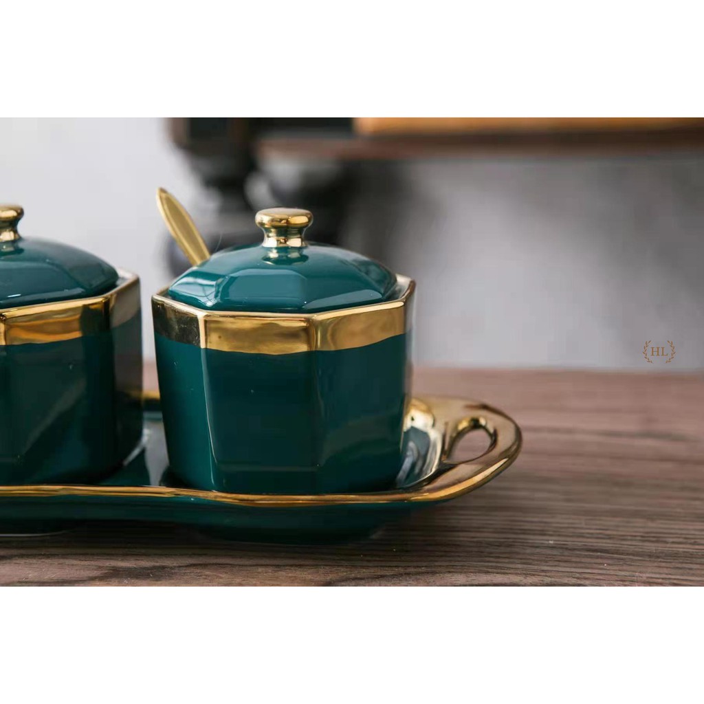 3 Hũ đựng gia vị chất liệu sứ kèm khay | HŨ ĐỰNG GIA VỊ DECOR PHONG CÁCH VINTAGE