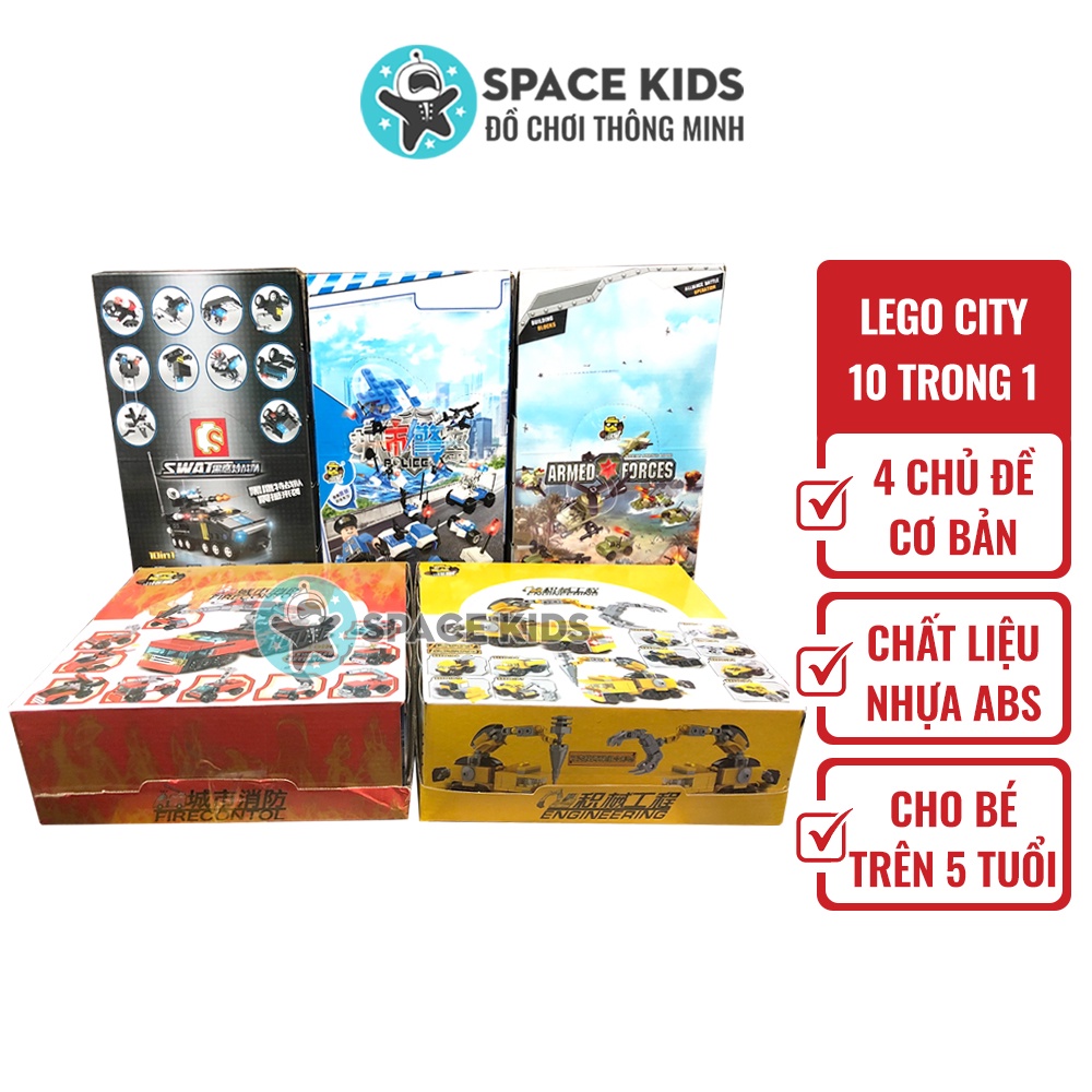 Đồ chơi Lego city 10 in 1 cho bé lắp ráp mô hình xe cảnh sát, xe cứu hỏa, xe công trường, quân đội