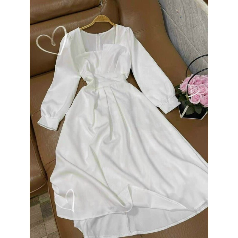 10035 đầm trắng cổ dập bo eo