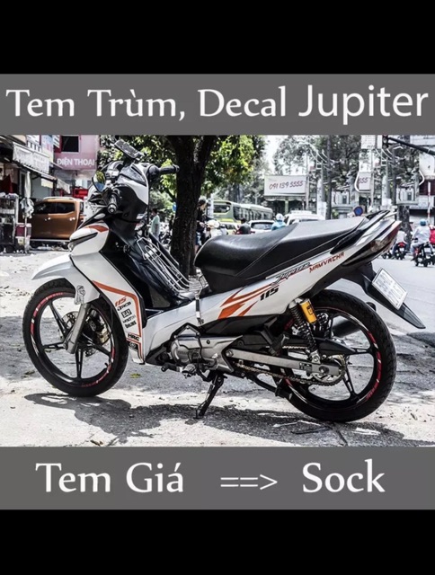 Tem trùm xe jupiter trắng chỉ cam - Độ dán tem trùm decal